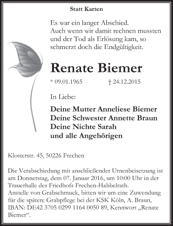 Anzeige von Renate Biemer von  Sonntags-Post 