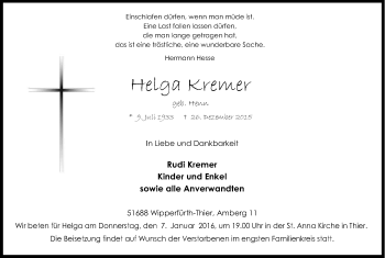 Anzeige von Helga Kremer von Kölner Stadt-Anzeiger / Kölnische Rundschau / Express