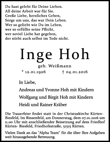 Anzeige von Inge Hoh von Kölner Stadt-Anzeiger / Kölnische Rundschau / Express