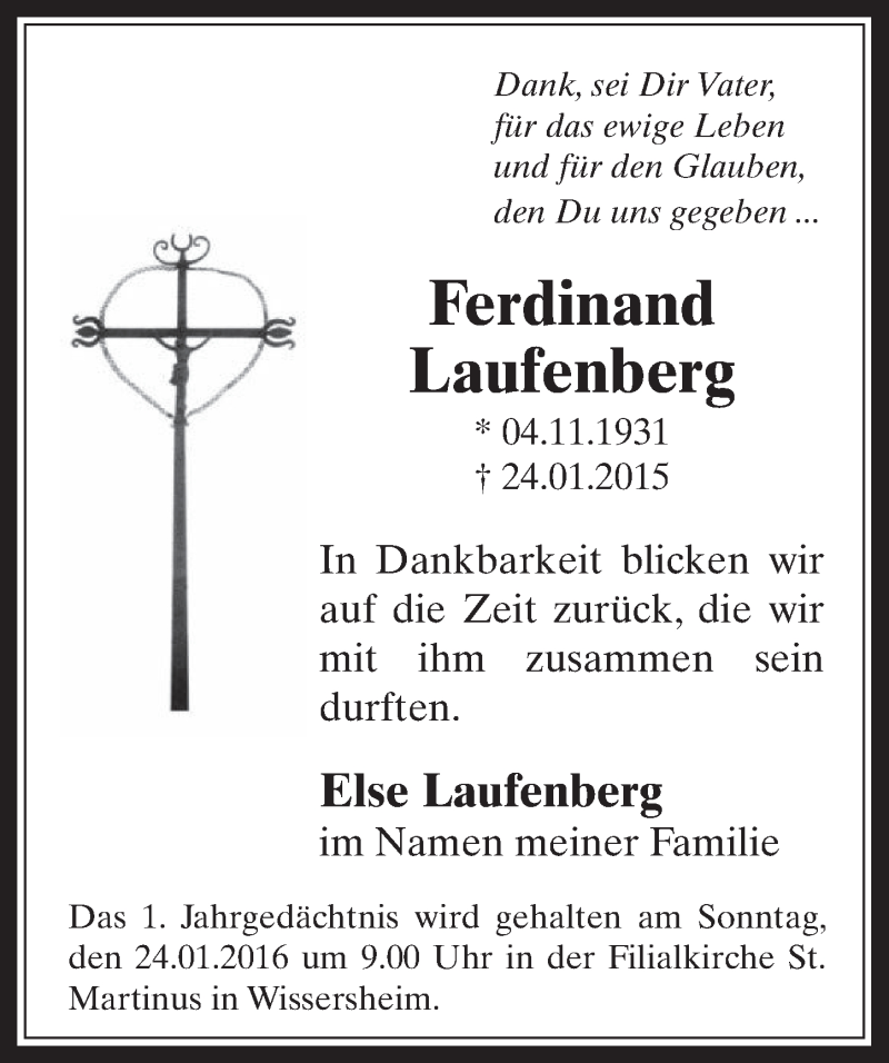  Traueranzeige für Ferdinand Laufenberg vom 20.01.2016 aus  Werbepost 