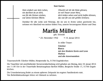 Anzeige von Marlis Müller von Kölner Stadt-Anzeiger / Kölnische Rundschau / Express