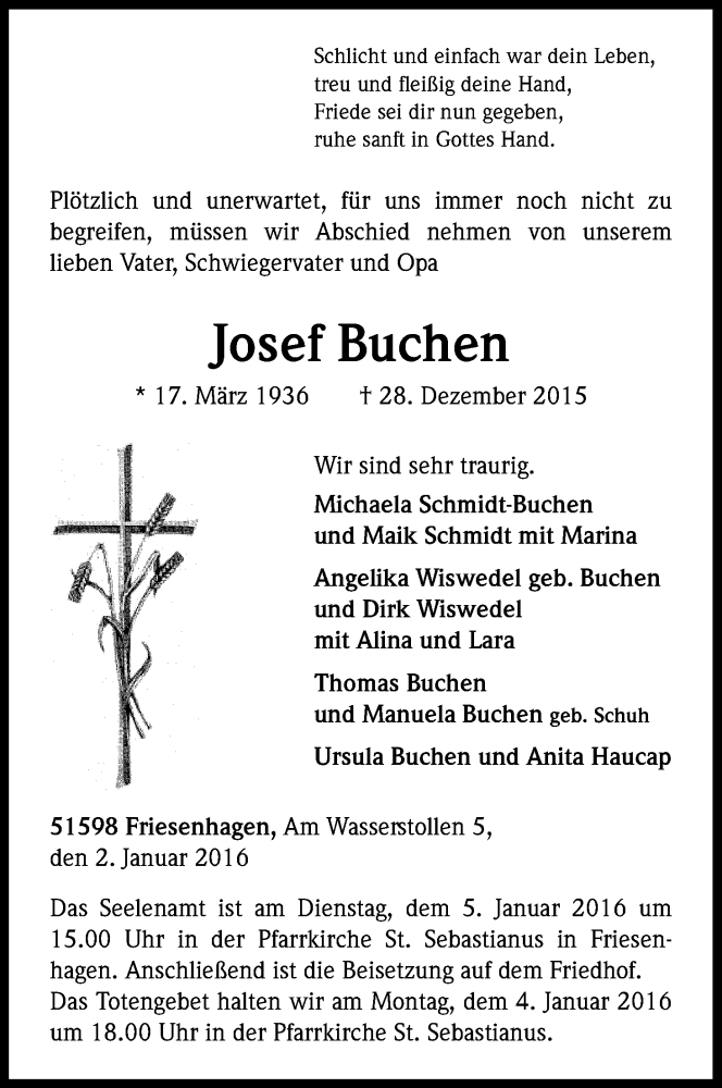  Traueranzeige für Josef Buchen vom 02.01.2016 aus Kölner Stadt-Anzeiger / Kölnische Rundschau / Express
