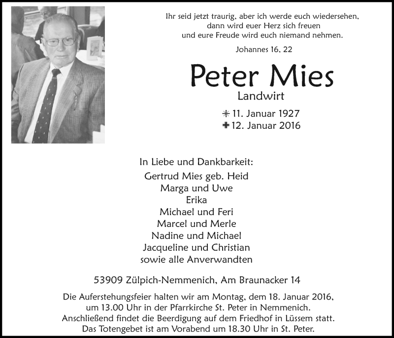  Traueranzeige für Peter Mies vom 17.01.2016 aus  Blickpunkt Euskirchen 