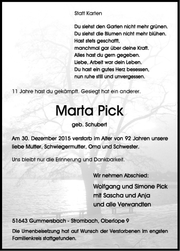 Anzeige von Marta Pick von Kölner Stadt-Anzeiger / Kölnische Rundschau / Express