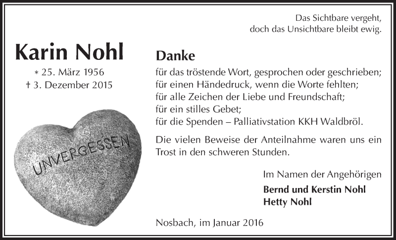  Traueranzeige für Karin Nohl vom 20.01.2016 aus  Anzeigen Echo  Lokalanzeiger 