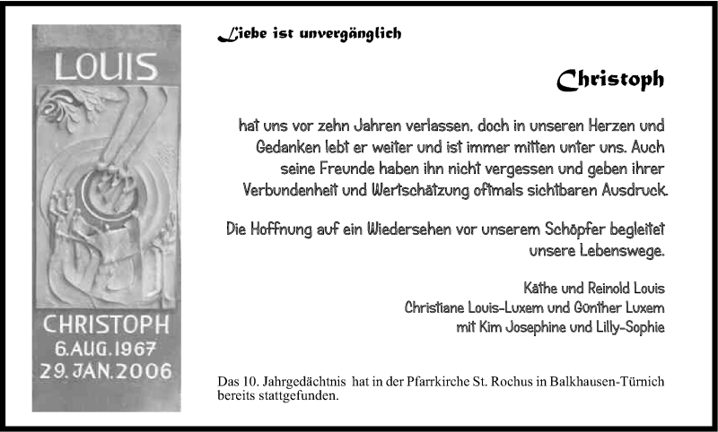  Traueranzeige für Christoph Louis vom 30.01.2016 aus Kölner Stadt-Anzeiger / Kölnische Rundschau / Express