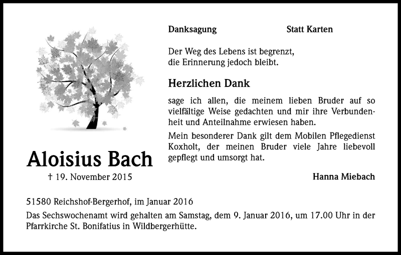  Traueranzeige für Aloisius Bach vom 02.01.2016 aus Kölner Stadt-Anzeiger / Kölnische Rundschau / Express