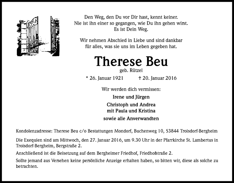  Traueranzeige für Therese Beu vom 23.01.2016 aus Kölner Stadt-Anzeiger / Kölnische Rundschau / Express