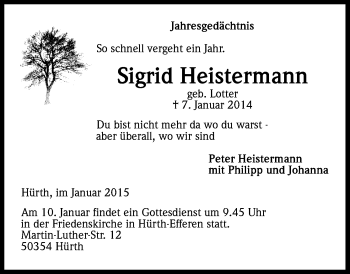 Anzeige von Sigrid Heistermann von Kölner Stadt-Anzeiger / Kölnische Rundschau / Express