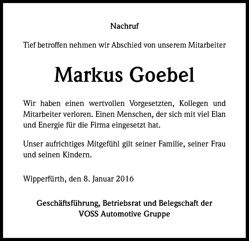  Traueranzeige für Markus Goebel vom 09.01.2016 aus Kölner Stadt-Anzeiger / Kölnische Rundschau / Express