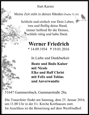 Anzeige von Werner Friedrich von Kölner Stadt-Anzeiger / Kölnische Rundschau / Express