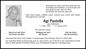 Anzeige von Agi Pustolla von Kölner Stadt-Anzeiger / Kölnische Rundschau / Express