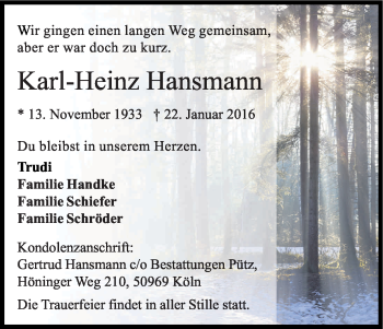 Anzeige von Karl-Heinz Hansmann von Kölner Stadt-Anzeiger / Kölnische Rundschau / Express