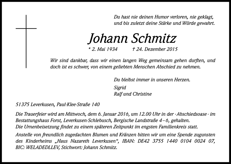 Traueranzeige für Johann Schmitz vom 02.01.2016 aus Kölner Stadt-Anzeiger / Kölnische Rundschau / Express