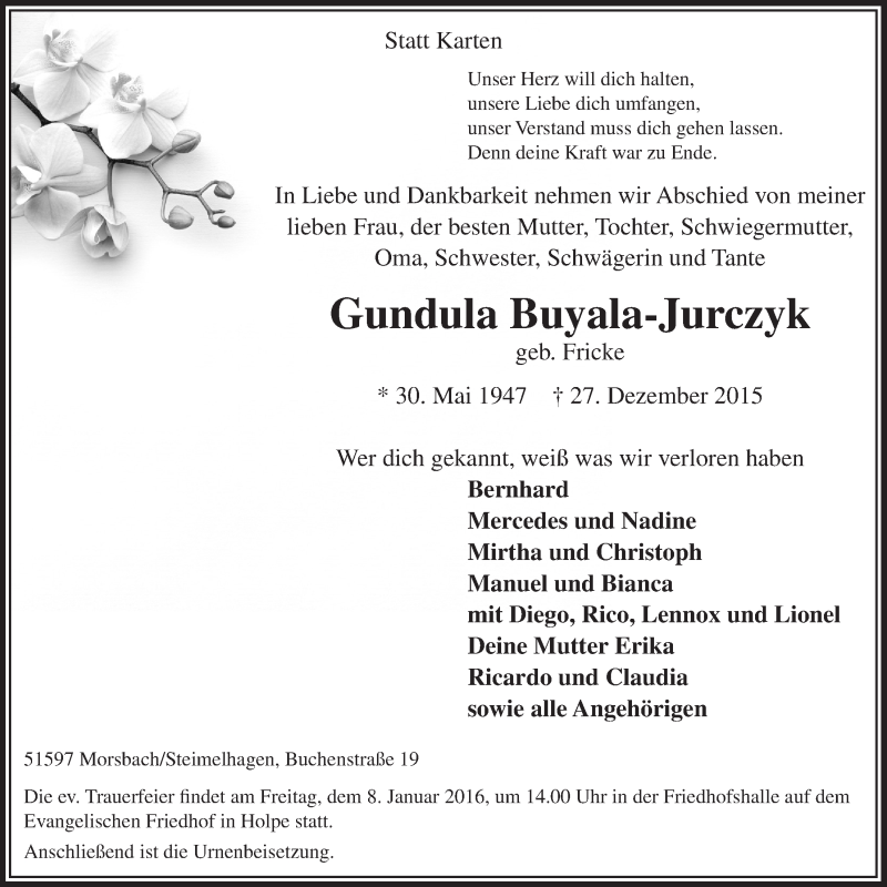  Traueranzeige für Gundula Buyala-Jurczyk vom 06.01.2016 aus  Lokalanzeiger 