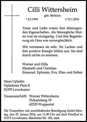 Anzeige von Cilli Wittersheim von Kölner Stadt-Anzeiger / Kölnische Rundschau / Express