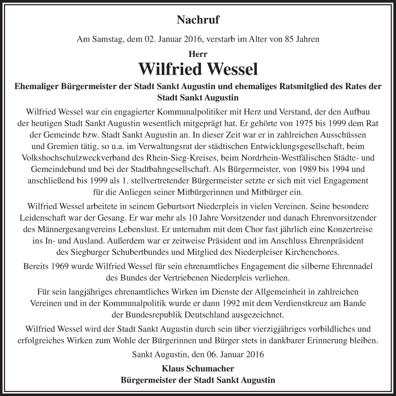  Traueranzeige für Wilfried Wessel vom 13.01.2016 aus  Extra Blatt 