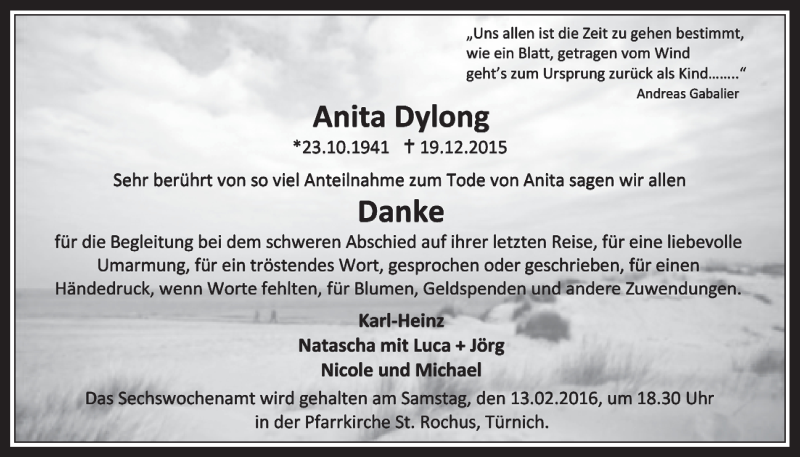  Traueranzeige für Anita Dylong vom 27.01.2016 aus  Werbepost 