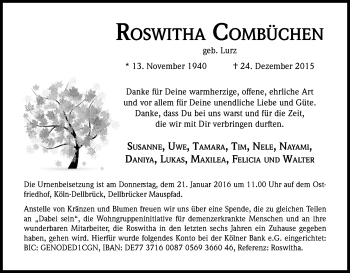 Anzeige von Roswitha Combüchen von Kölner Stadt-Anzeiger / Kölnische Rundschau / Express