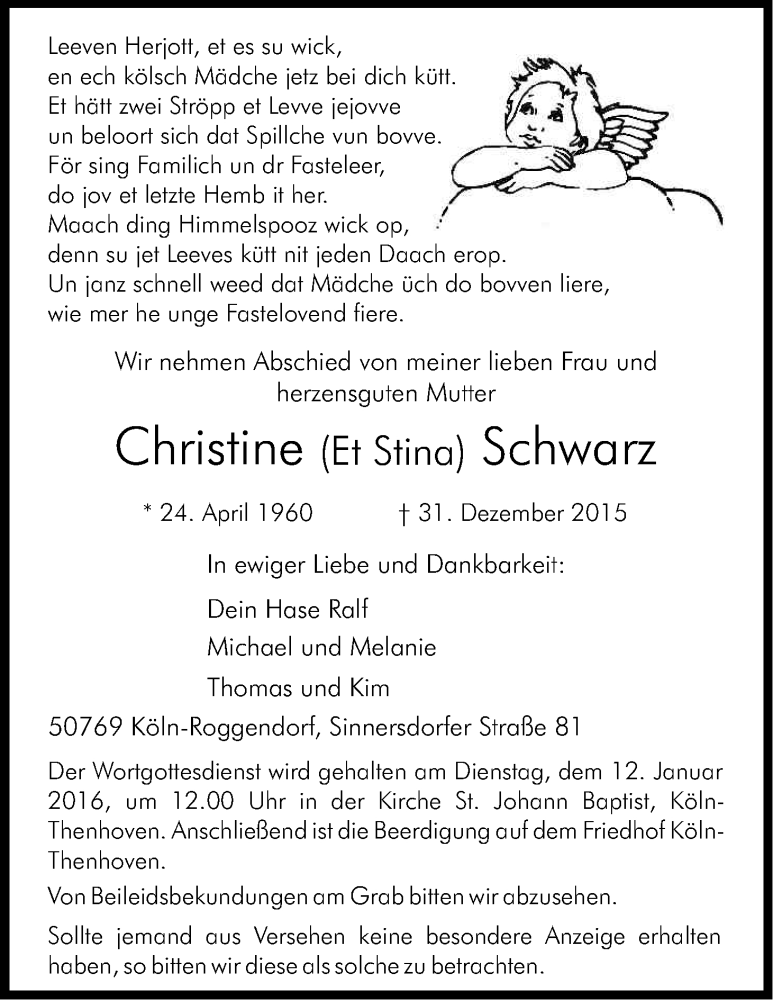  Traueranzeige für Christine  Schwarz vom 09.01.2016 aus Kölner Stadt-Anzeiger / Kölnische Rundschau / Express