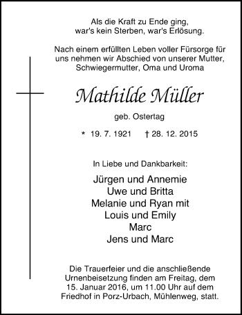 Anzeige von Mathilde Müller von  Kölner Wochenspiegel 