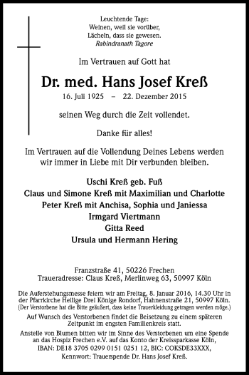 Anzeige von Hans Josef Kreß von Kölner Stadt-Anzeiger / Kölnische Rundschau / Express