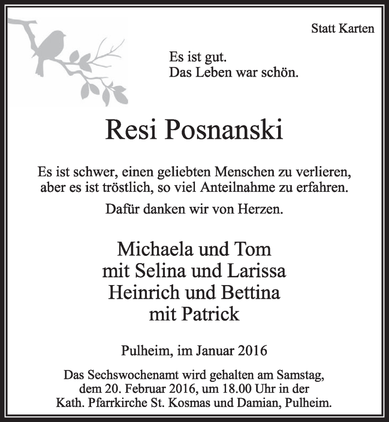  Traueranzeige für Resi Posnanski vom 23.01.2016 aus  Sonntags-Post 