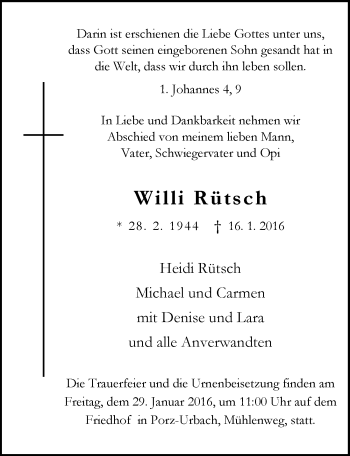 Anzeige von Willi Rütsch von  Kölner Wochenspiegel 