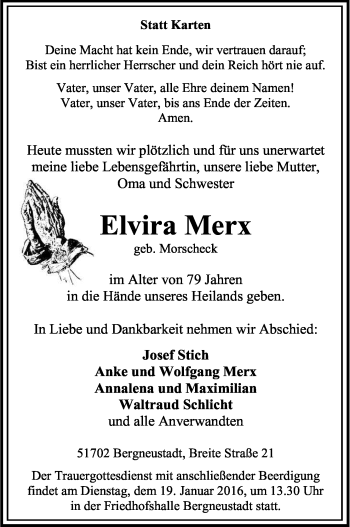 Anzeige von Elvira Merx von Kölner Stadt-Anzeiger / Kölnische Rundschau / Express