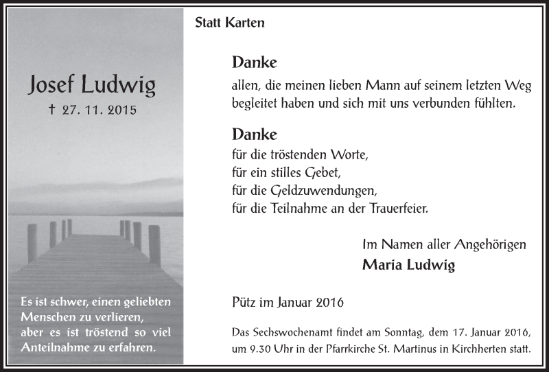  Traueranzeige für Josef Ludwig vom 13.01.2016 aus  Werbepost 