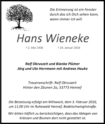 Anzeige von Hans Wieneke von Kölner Stadt-Anzeiger / Kölnische Rundschau / Express