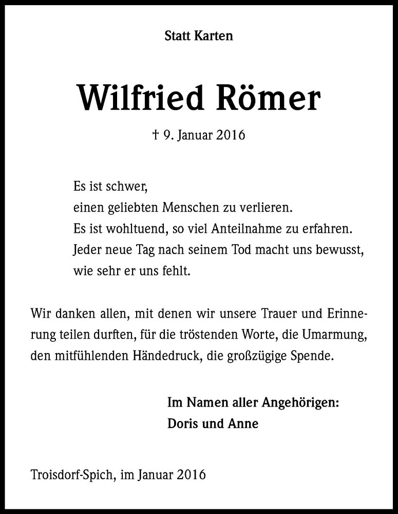  Traueranzeige für Wilfried Römer vom 30.01.2016 aus Kölner Stadt-Anzeiger / Kölnische Rundschau / Express
