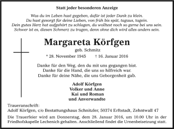 Anzeige von Margareta Körfgen von Kölner Stadt-Anzeiger / Kölnische Rundschau / Express