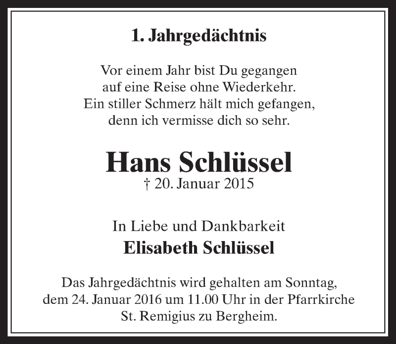  Traueranzeige für Hans Schlüssel vom 20.01.2016 aus  Werbepost 