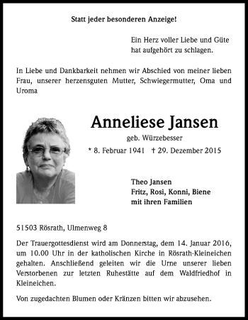 Anzeige von Anneliese Jansen von Kölner Stadt-Anzeiger / Kölnische Rundschau / Express