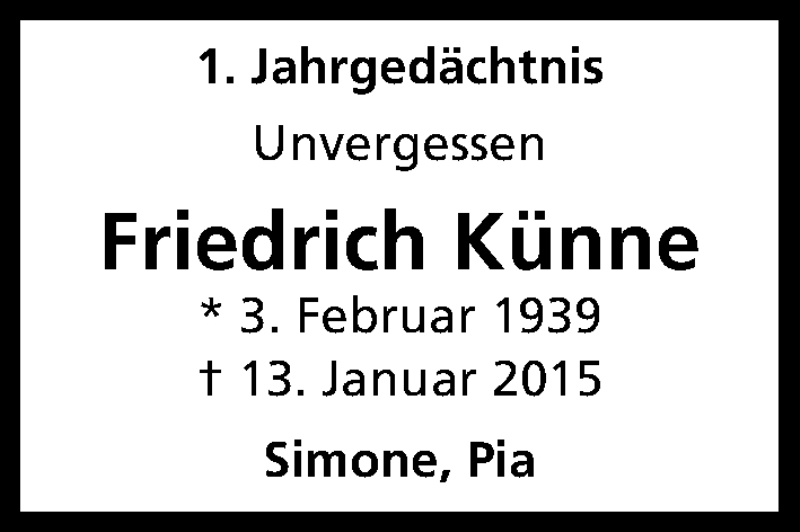  Traueranzeige für Friedrich  Künne vom 13.01.2016 aus Kölner Stadt-Anzeiger / Kölnische Rundschau / Express