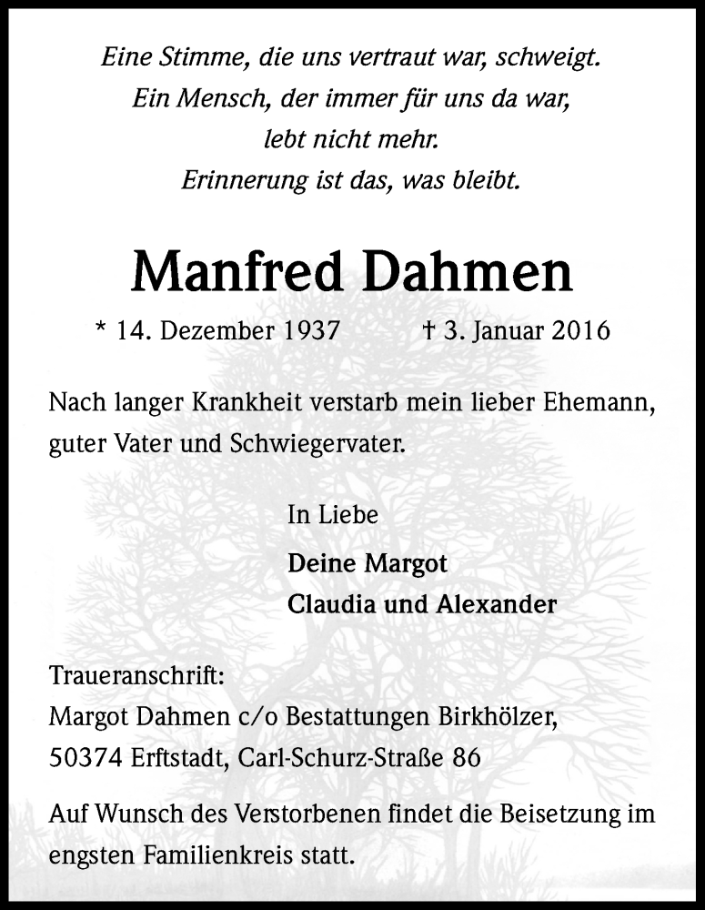  Traueranzeige für Manfred Dahmen vom 23.01.2016 aus Kölner Stadt-Anzeiger / Kölnische Rundschau / Express