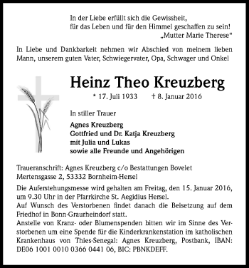 Anzeige von Heinz Theo Kreuzberg von Kölner Stadt-Anzeiger / Kölnische Rundschau / Express
