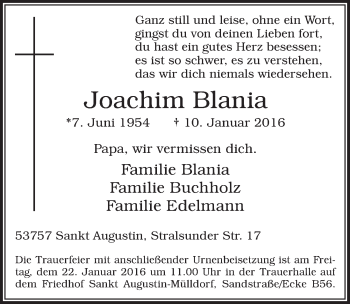 Anzeige von Joachim Blania von  Extra Blatt 