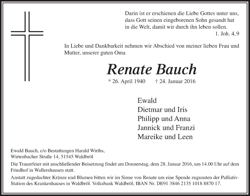  Traueranzeige für Renate Bauch vom 27.01.2016 aus  Lokalanzeiger 