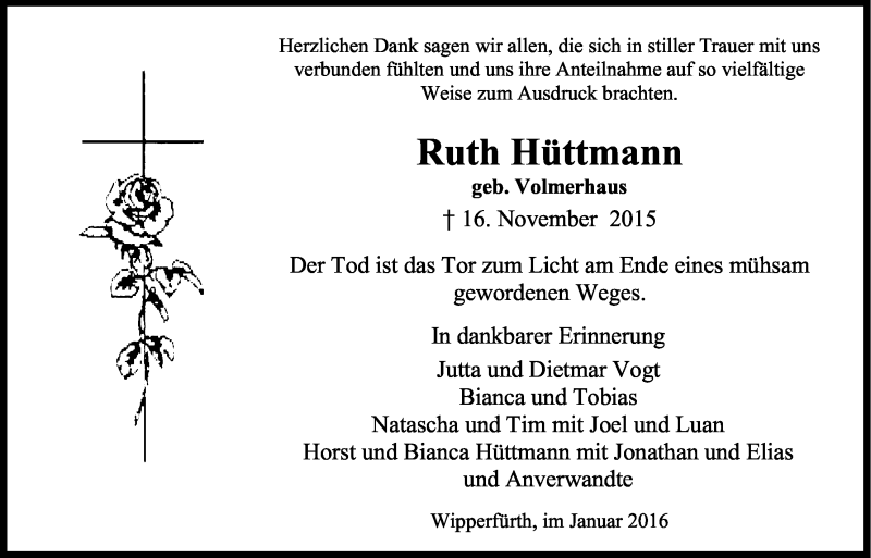  Traueranzeige für Ruth Hüttmann vom 30.01.2016 aus Kölner Stadt-Anzeiger / Kölnische Rundschau / Express