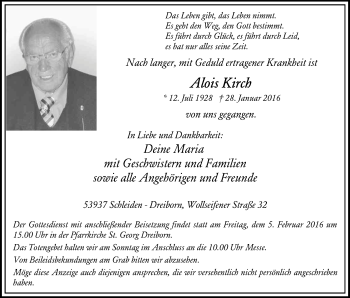Anzeige von Alois Kirch von Kölner Stadt-Anzeiger / Kölnische Rundschau / Express