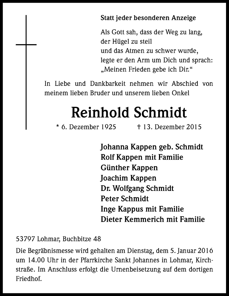  Traueranzeige für Reinhold Schmidt vom 02.01.2016 aus Kölner Stadt-Anzeiger / Kölnische Rundschau / Express