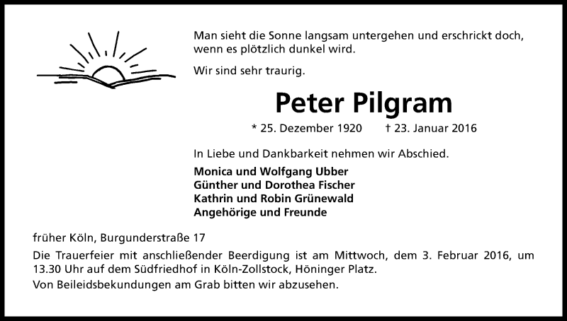  Traueranzeige für Peter Pilgram vom 30.01.2016 aus Kölner Stadt-Anzeiger / Kölnische Rundschau / Express