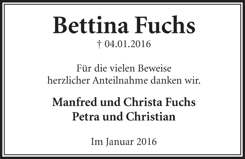  Traueranzeige für Bettina Fuchs vom 27.01.2016 aus  Schlossbote/Werbekurier 
