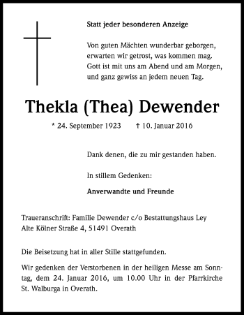 Anzeige von Thekla Dewender von Kölner Stadt-Anzeiger / Kölnische Rundschau / Express
