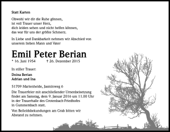 Anzeige von Emil Peter Berian von Kölner Stadt-Anzeiger / Kölnische Rundschau / Express