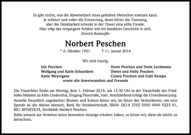  Traueranzeige für Norbert Peschen vom 23.01.2016 aus Kölner Stadt-Anzeiger / Kölnische Rundschau / Express