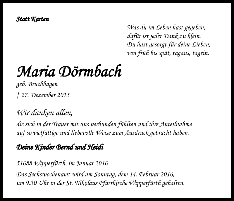  Traueranzeige für Maria Dörmbach vom 30.01.2016 aus Kölner Stadt-Anzeiger / Kölnische Rundschau / Express
