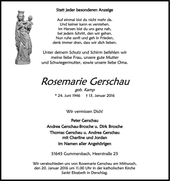 Anzeige von Rosemarie Gerschau von Kölner Stadt-Anzeiger / Kölnische Rundschau / Express